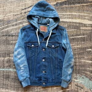 Women's Levi's Ex-Boyfriend Hybrid Denim Blue Jean Jacket Hoodie Sweatshirt Sz S